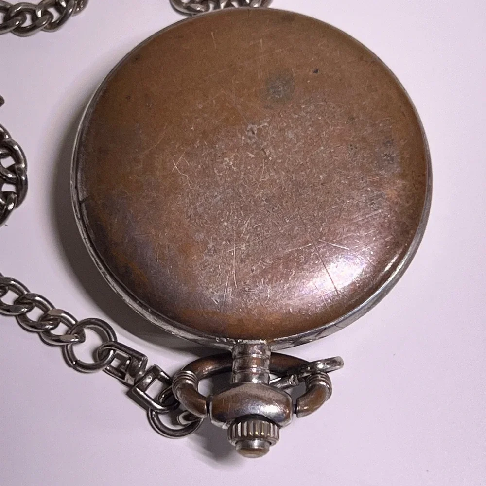 Vintage Deer Wildlife Pocket Watch Silver Tone 49mm Hunter Case Chain Untested